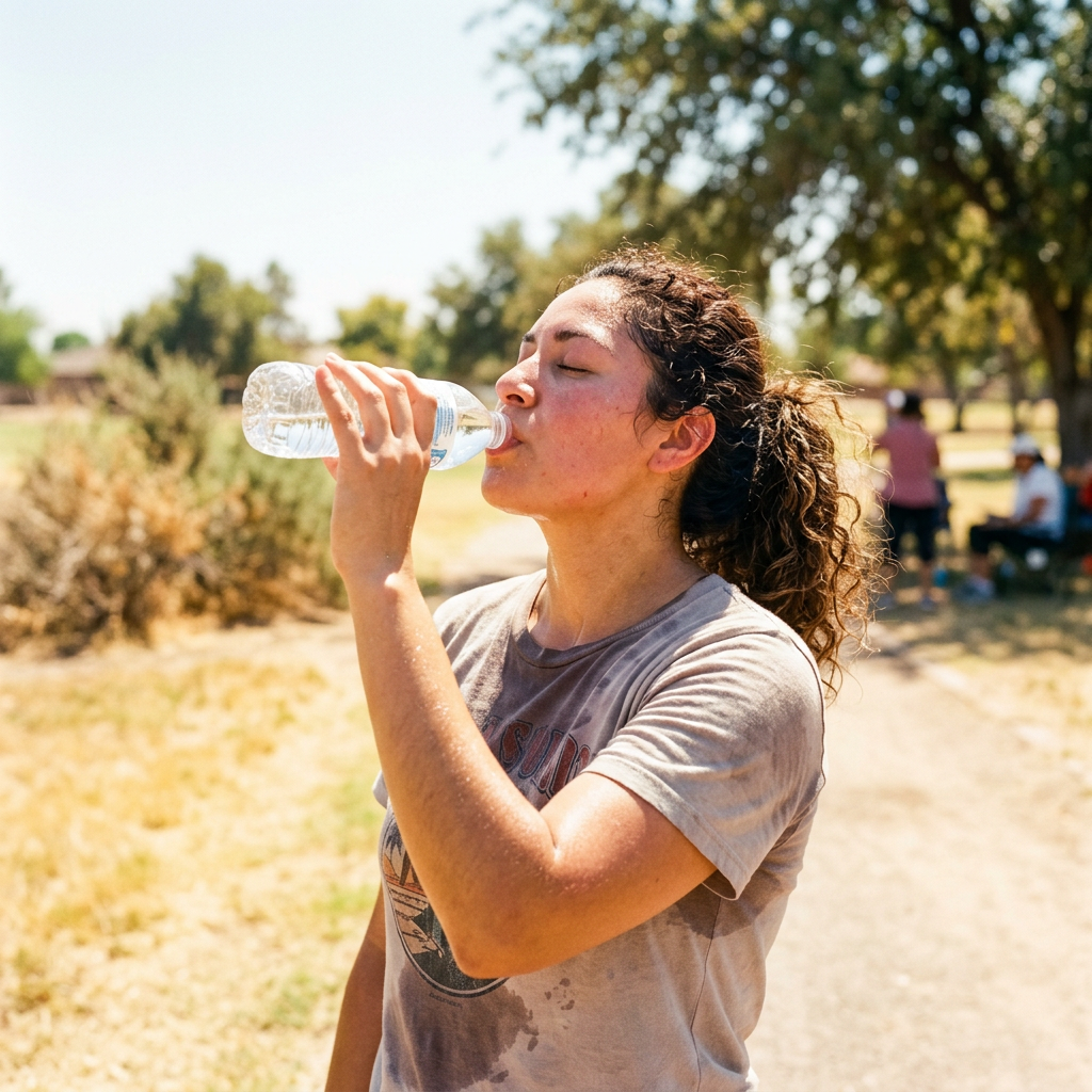 Woman drinking water from a plastic bottle outdoors after exercise