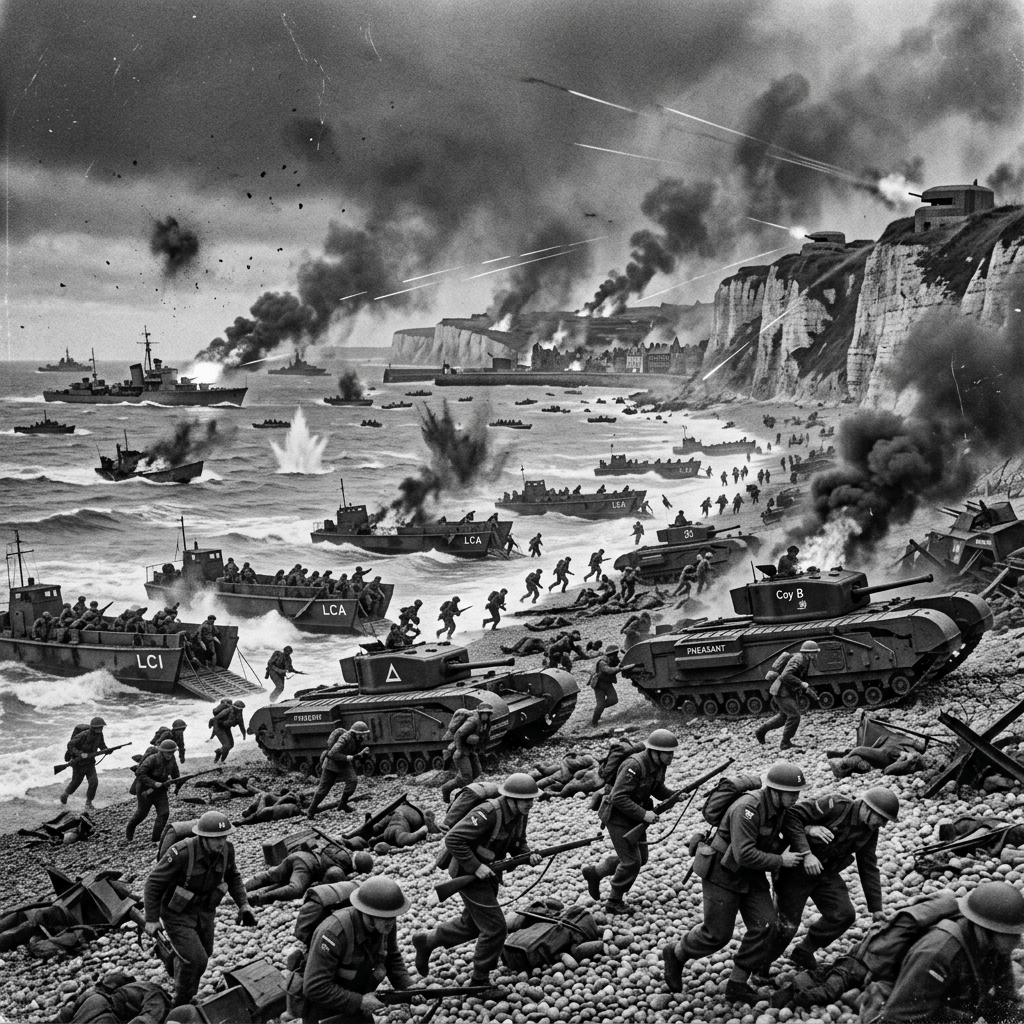 World War II soldiers disembarking from landing crafts onto a war-torn beach with tanks, explosions, and gunfire around