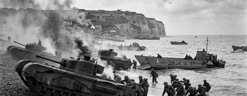 Allied soldiers landing on shore with tanks and landing crafts under battle conditions