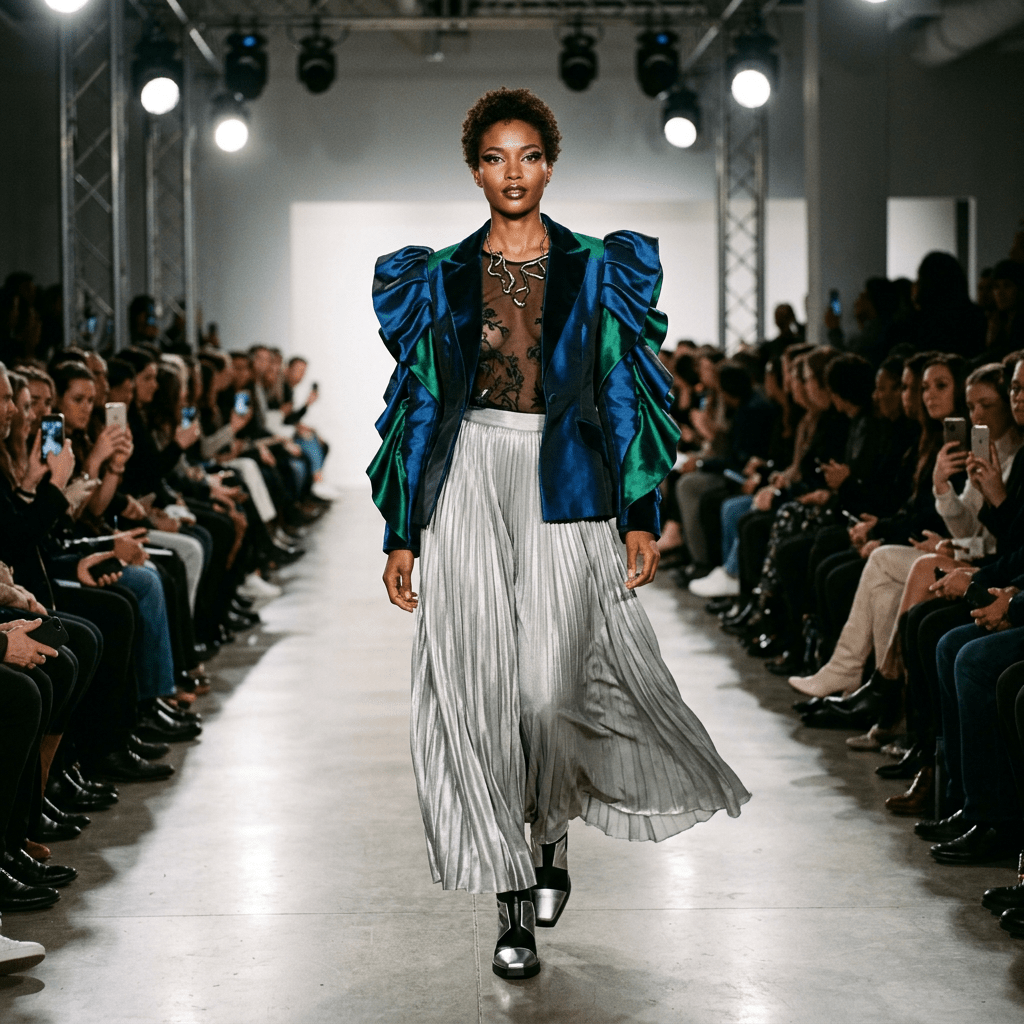 Model walking runway in blue-green ruffled jacket and silver pleated skirt