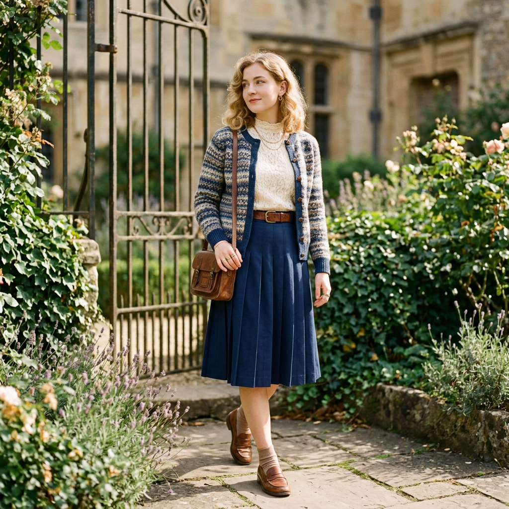 Woman in a patterned cardigan, cream blouse, and navy pleated skirt walking outdoors