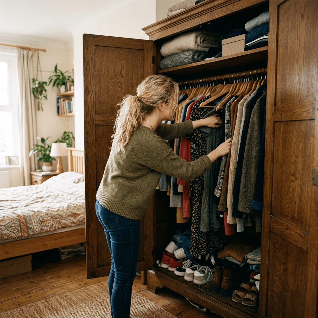 Woman selecting clothes from a wooden wardrobe with various garments and shoes