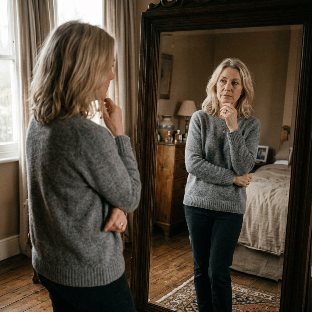 Woman in gray sweater looking thoughtfully at her reflection in a mirror