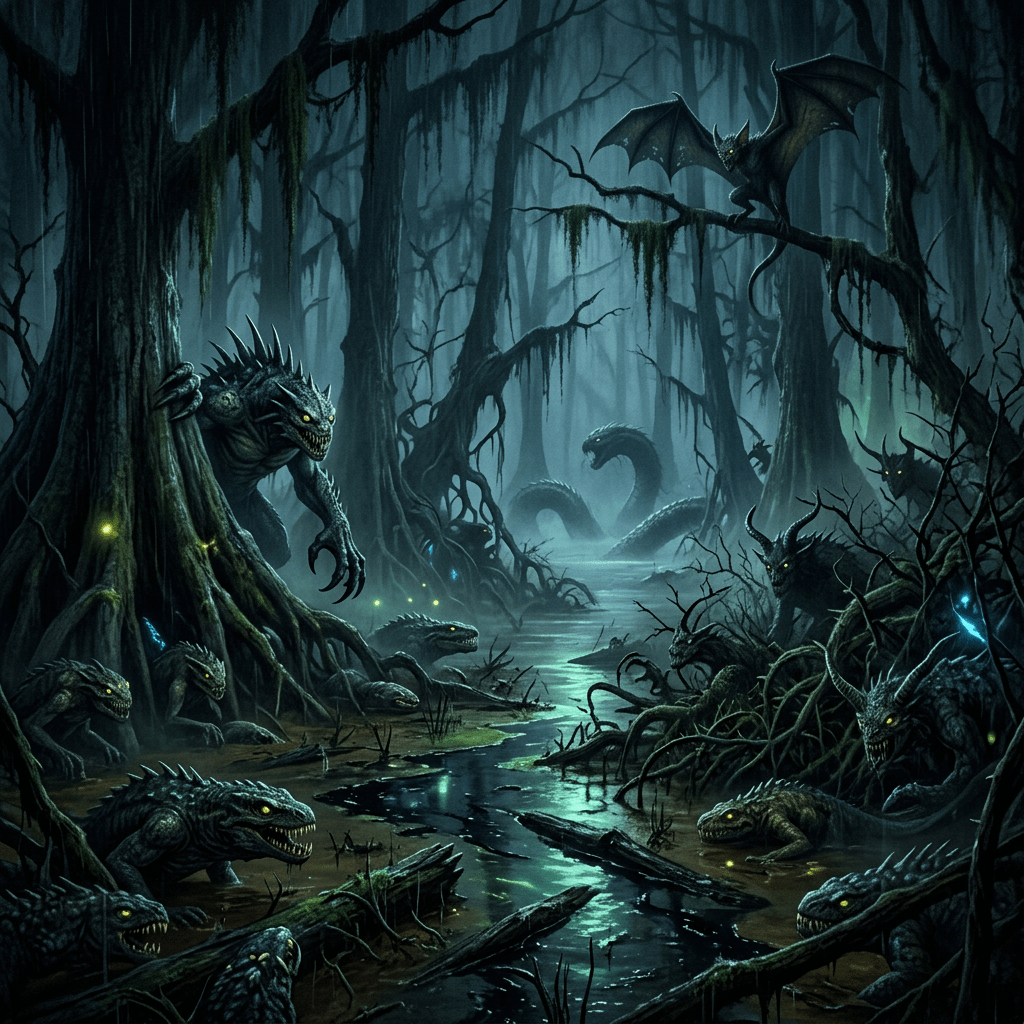 Swamp with various glowing-eyed monsters including serpents, lizard-like beasts, and a bat-like creature