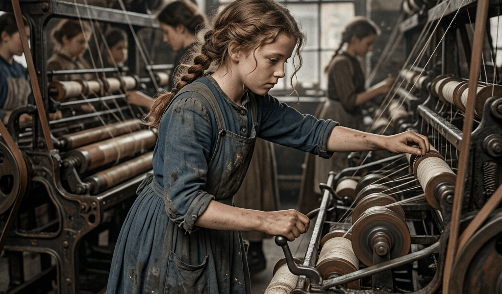 Young girl working on spinning machine in old textile factory