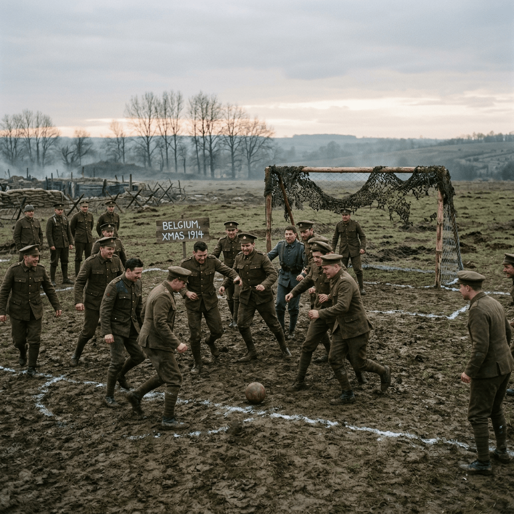 Soldiers in WWI uniforms playing football on a muddy field marked with white lines, with a goal made of wooden posts and netting, and a sign saying Belgium Xmas 1914.