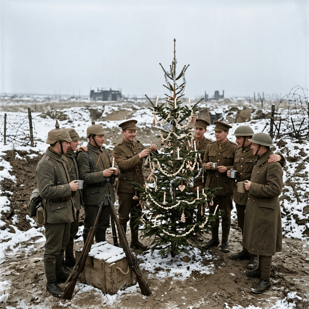World War I soldiers decorating a Christmas tree in snowy battlefield trenches