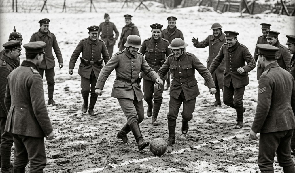 WWI German and British troops playing football