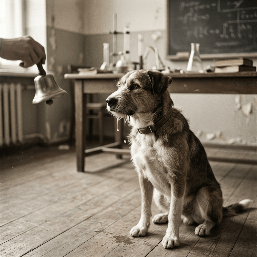 Dog sitting on wooden floor drooling while a hand holds a small bell