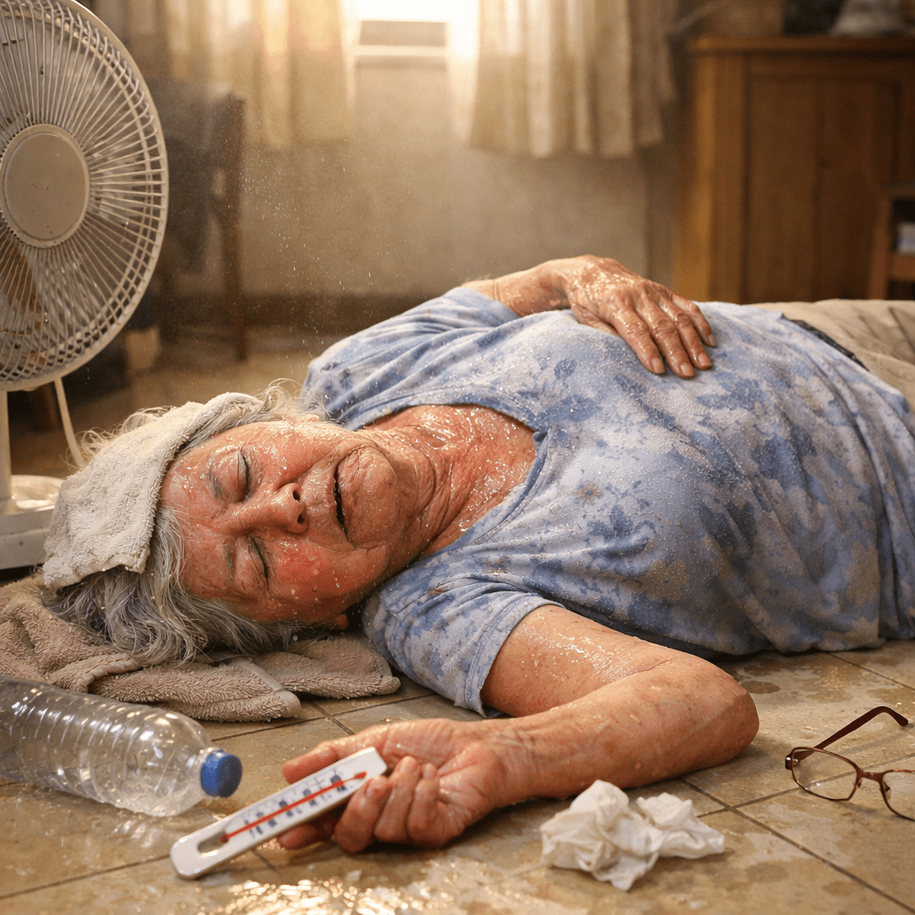 Elderly woman lying on the floor sweating heavily, holding a thermometer