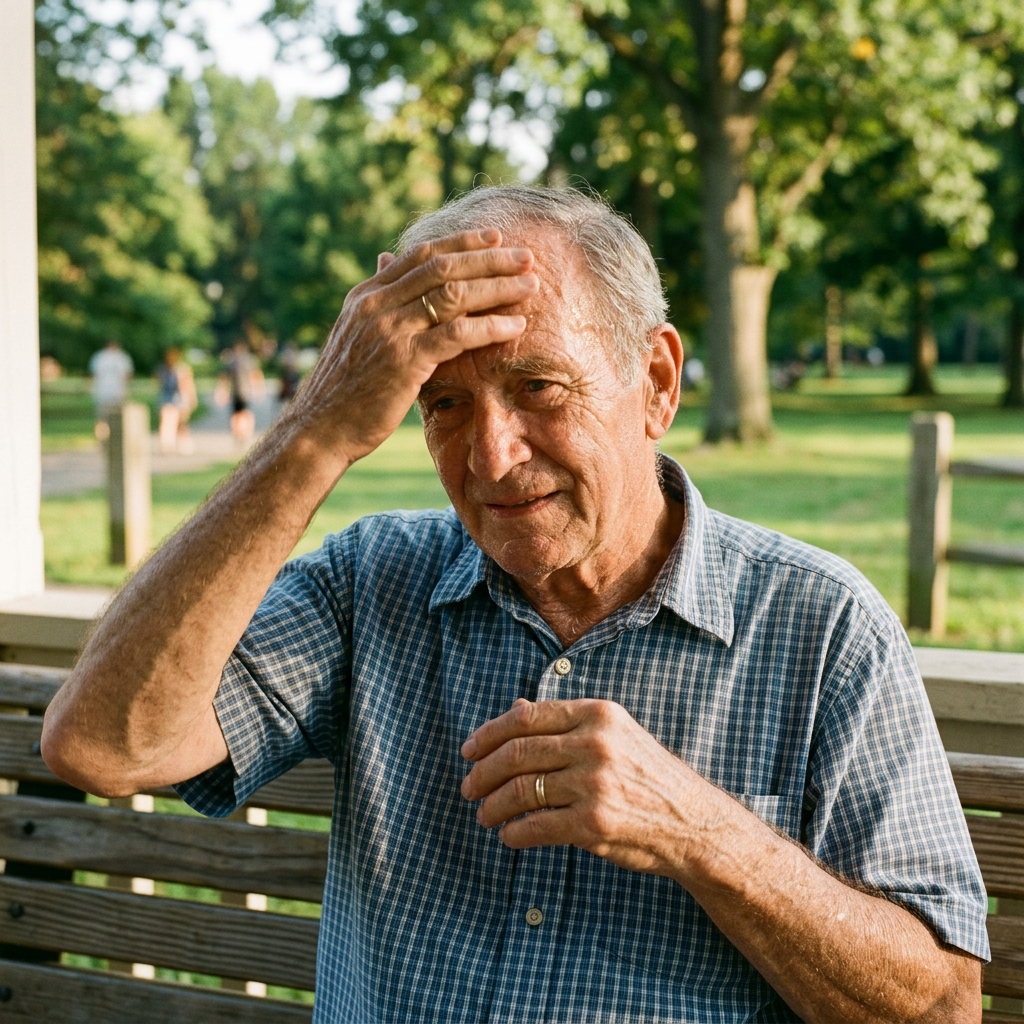 Elderly man wiping sweat from forehead sitting on wooden bench outdoors