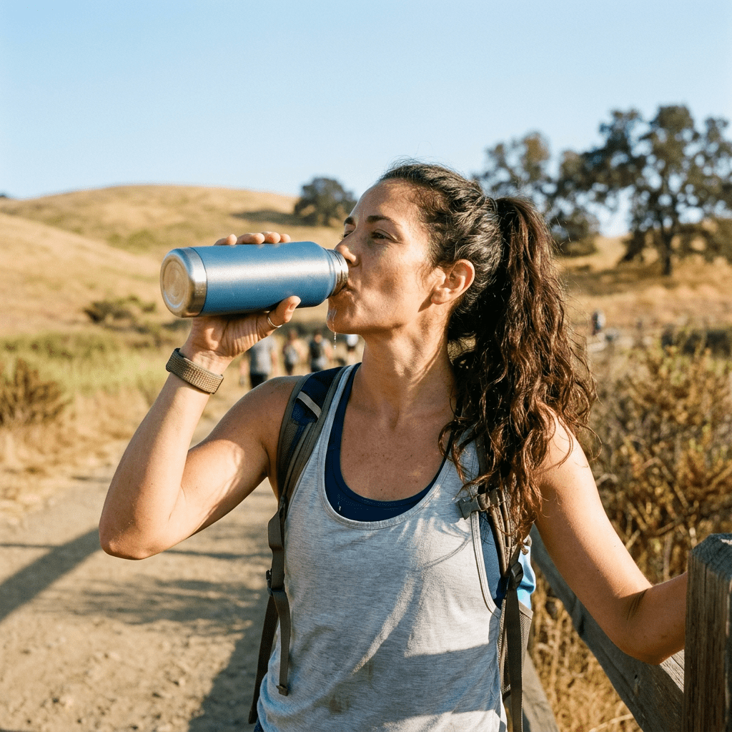 Woman drinking water from a blue metal bottle during a hike