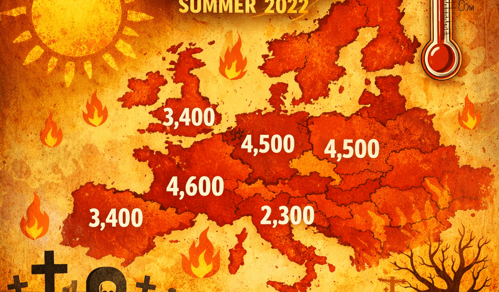 Map of Europe with heatwave-related death numbers in summer 2022, showing 3,400 to 4,600 deaths per region and total over 10,000