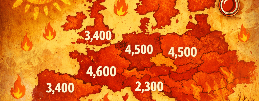 Map of Europe with heatwave-related death numbers in summer 2022, showing 3,400 to 4,600 deaths per region and total over 10,000