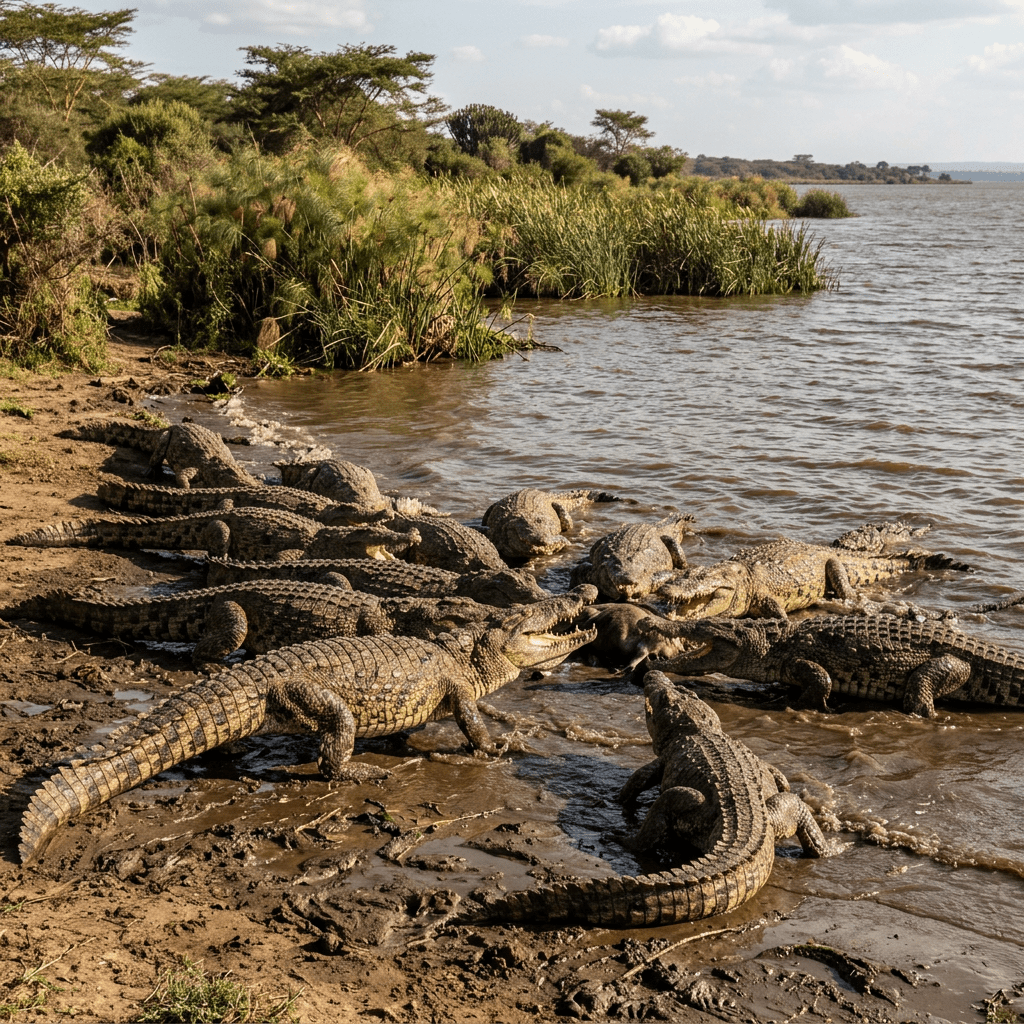 A cluster of crocodiles feeding on a riverbank with muddy shore and water