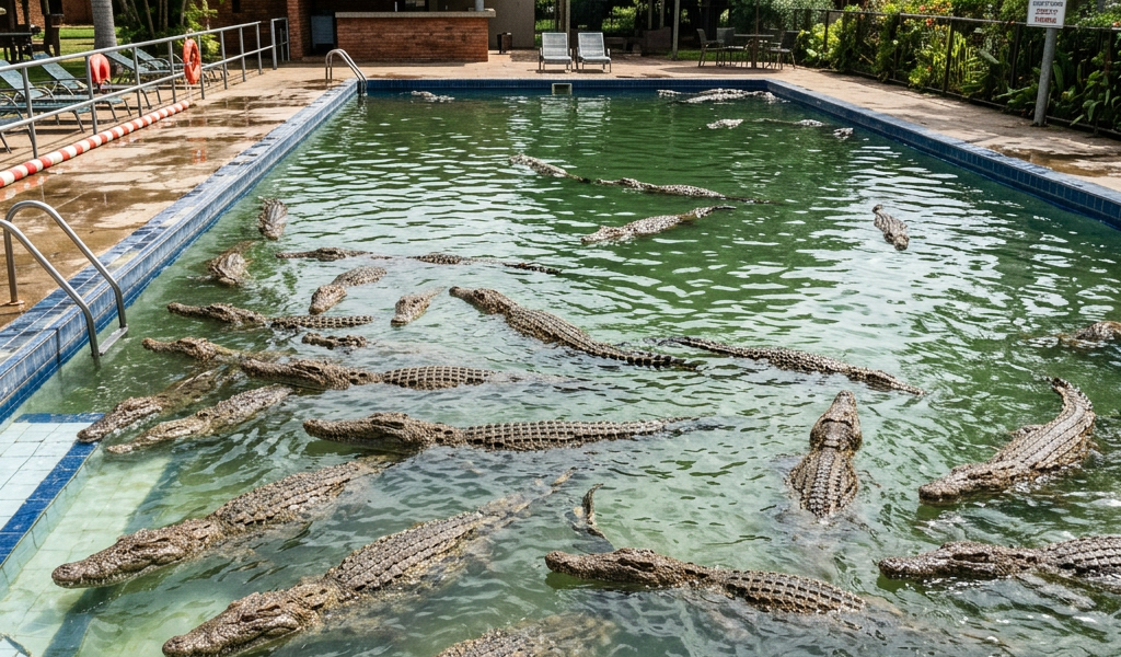 Swimming pool containing many crocodiles submerged in water