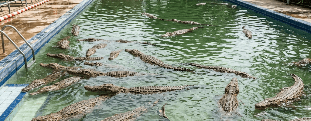 Swimming pool containing many crocodiles submerged in water