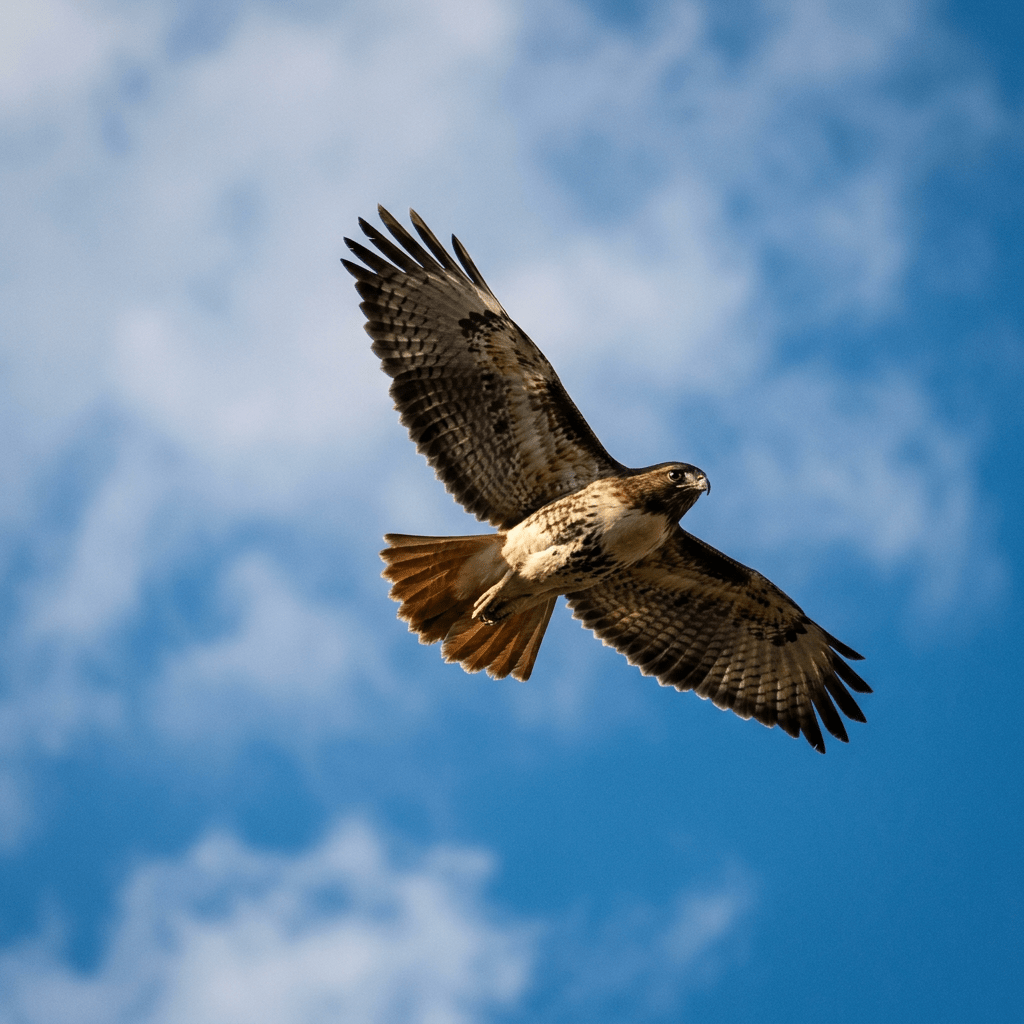 Red-tailed hawk with wings spread soaring in blue sky