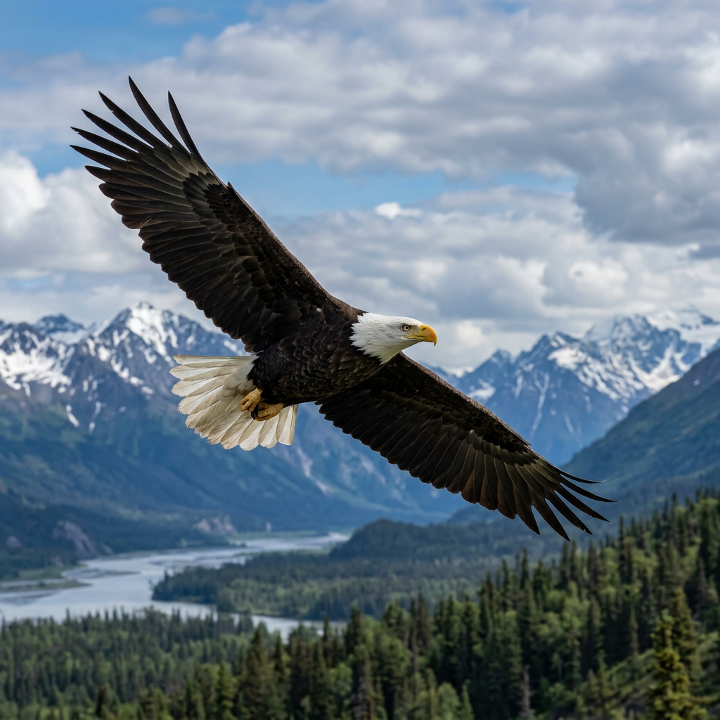 Bald eagle in flight over mountainous landscape with river and trees