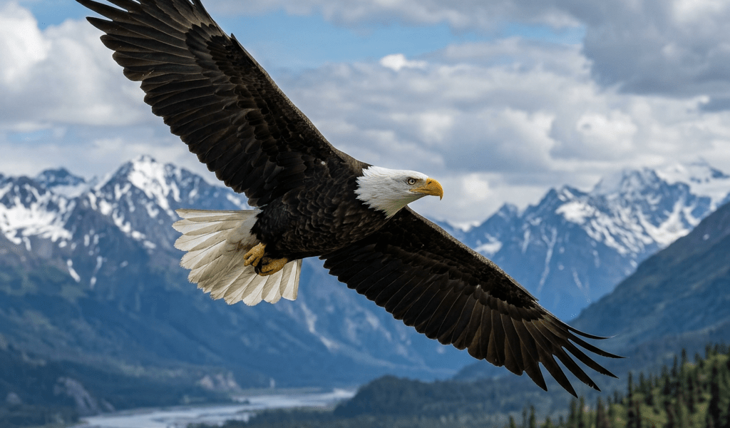 Bald eagle in flight over mountainous landscape with river and trees
