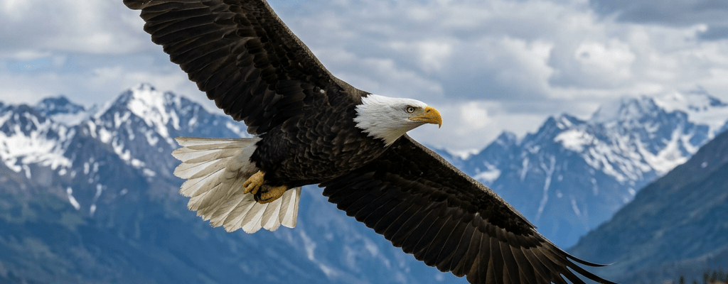Bald eagle in flight over mountainous landscape with river and trees