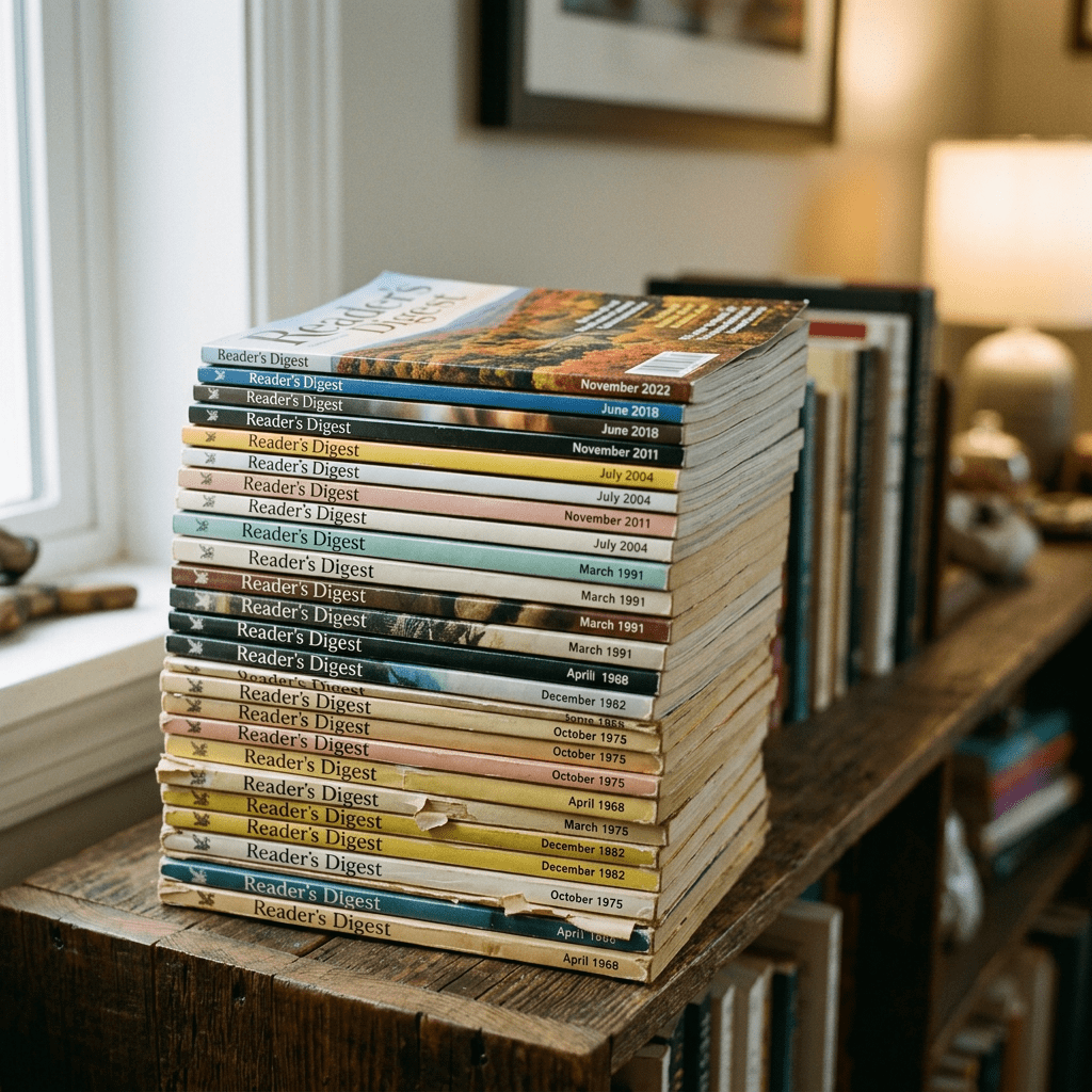 Stack of Reader's Digest magazines with visible dates from 1882 to 2022