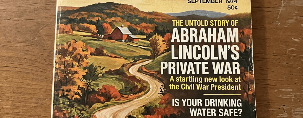 Reader's Digest magazine cover from September 1974 with a countryside illustration and headlines about Abraham Lincoln, drinking water safety, living costs, and camping