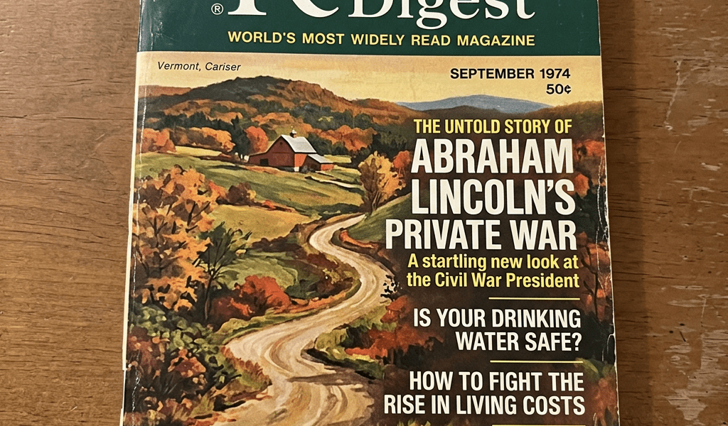 Reader's Digest magazine cover from September 1974 with a countryside illustration and headlines about Abraham Lincoln, drinking water safety, living costs, and camping