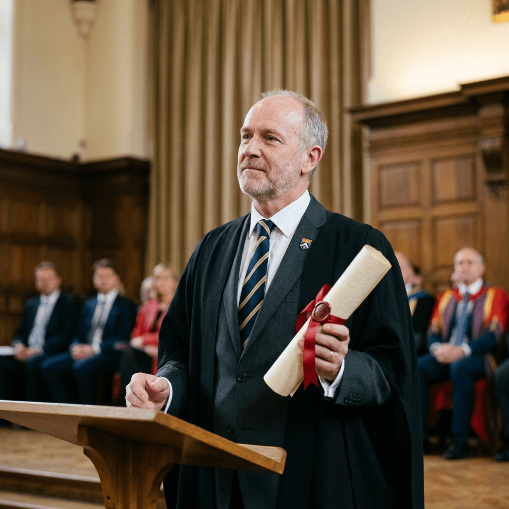 Man in academic gown holding a diploma with red ribbon at podium