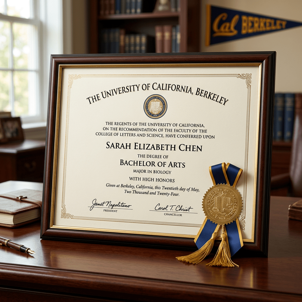 Diploma from the University of California, Berkeley awarded to Sarah Elizabeth Chen for a Bachelor of Arts in Biology with high honors
