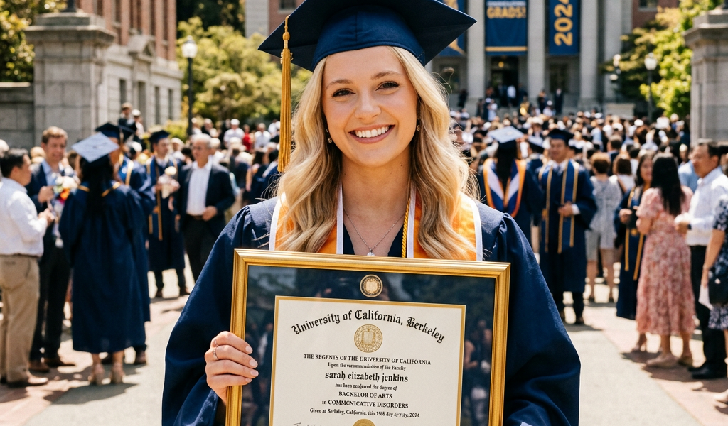 Blonde woman holding a college degree