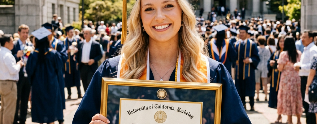 Blonde woman holding a college degree