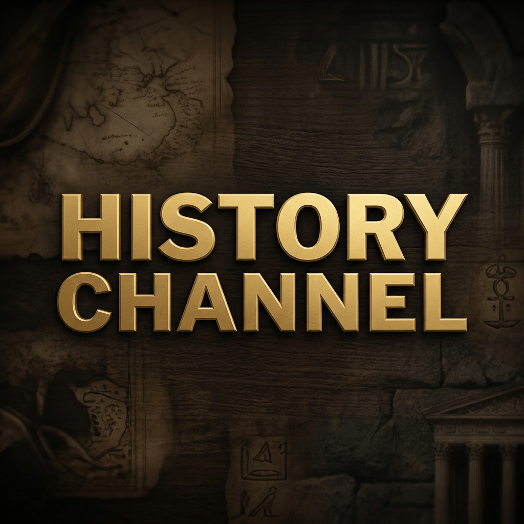History Channel logo with gold text over a dark antique map and stone textures