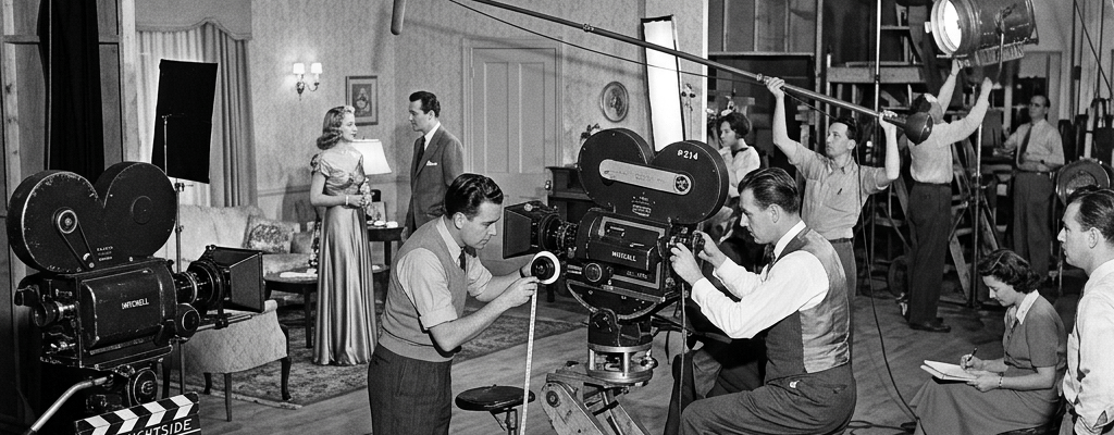 Film crew working on a 1940s movie set with actors, cameras, and lighting equipment