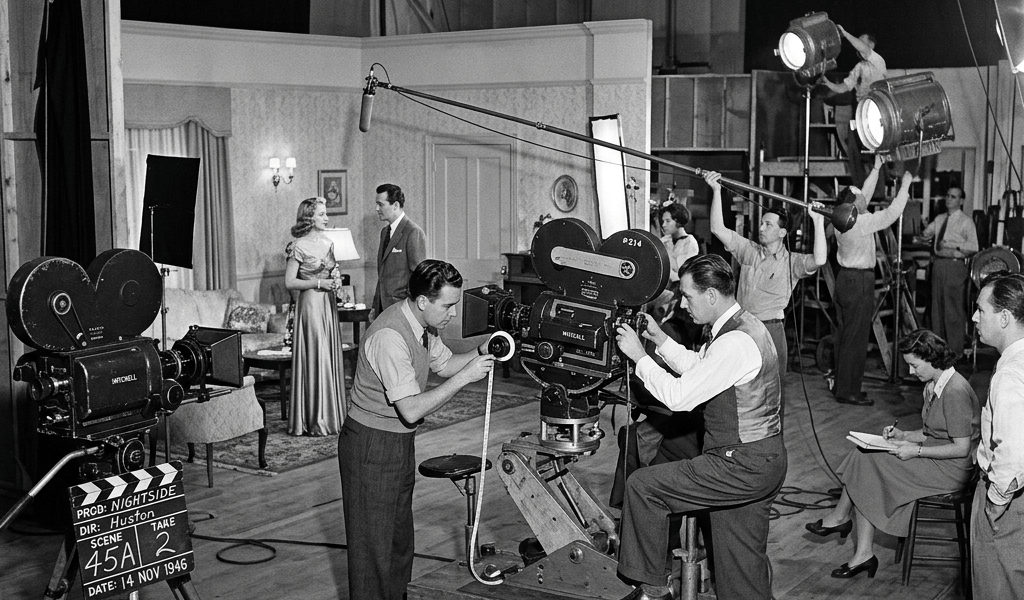 Film crew working on a 1940s movie set with actors, cameras, and lighting equipment