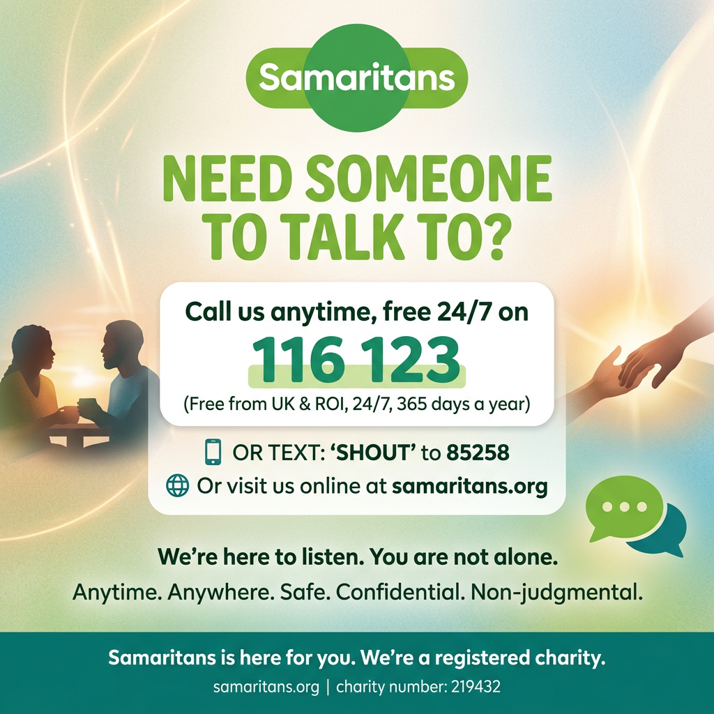 Samaritans helpline offering free 24/7 support at 116 123 and text option SHOUT to 85258