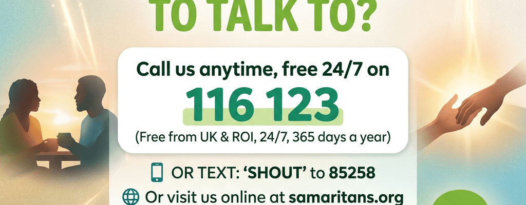Samaritans helpline offering free 24/7 support at 116 123 and text option SHOUT to 85258