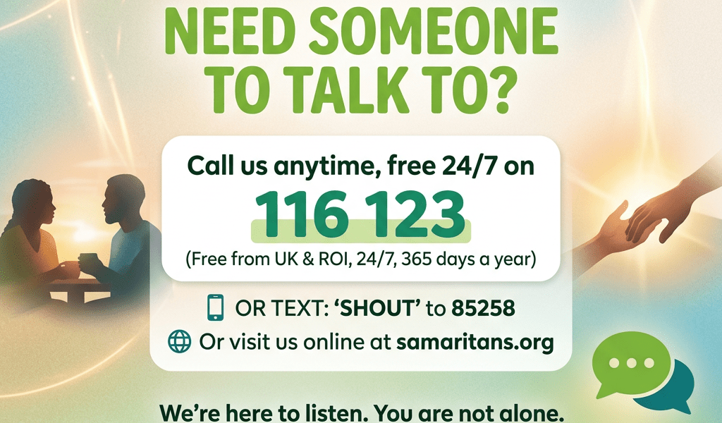 Samaritans helpline offering free 24/7 support at 116 123 and text option SHOUT to 85258