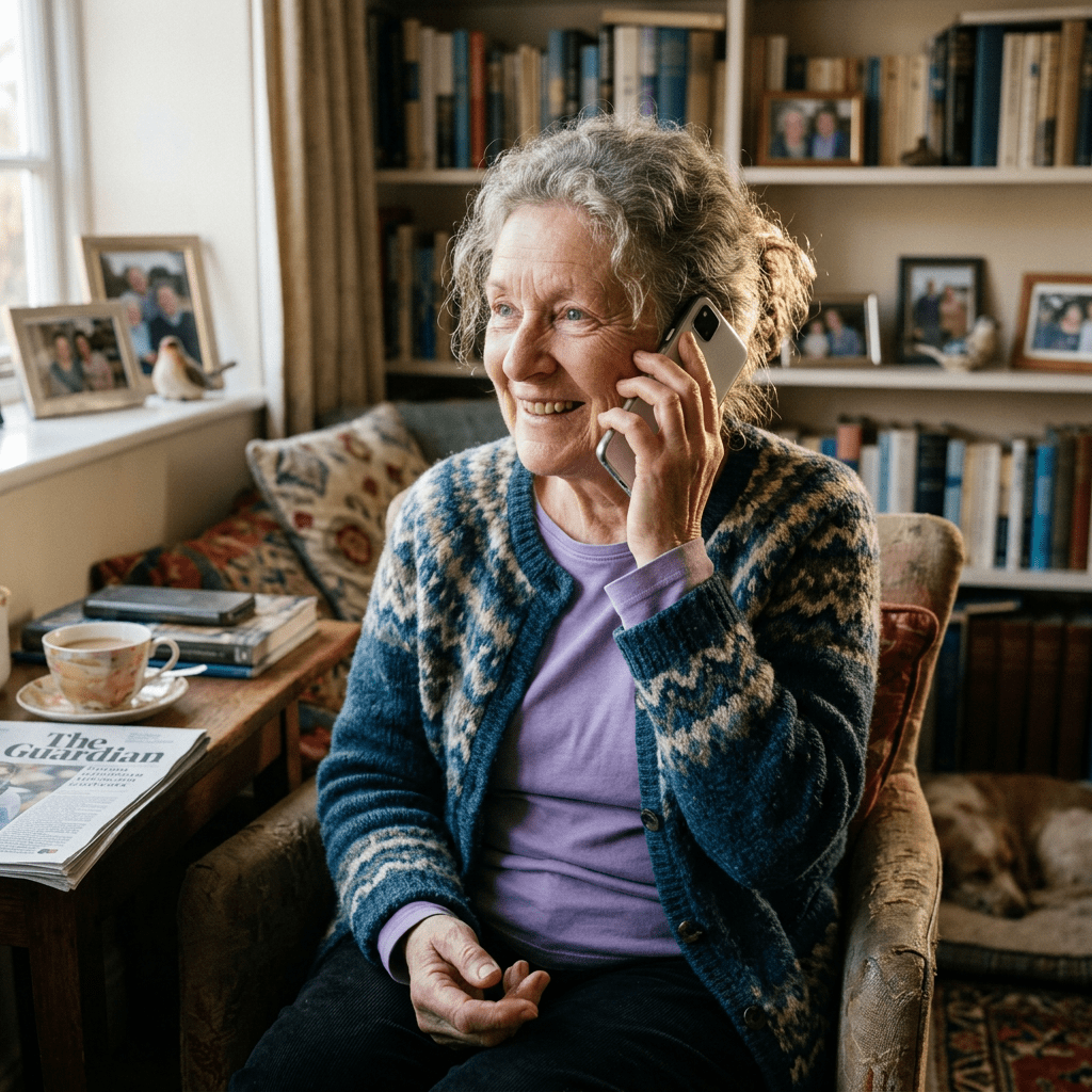 Elderly woman with gray hair smiling and talking on smartphone indoors