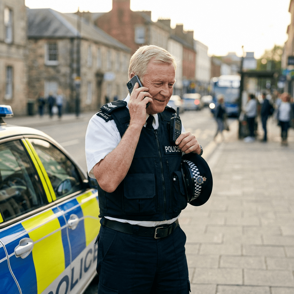 Police officer in uniform holding phone and radio beside police car
