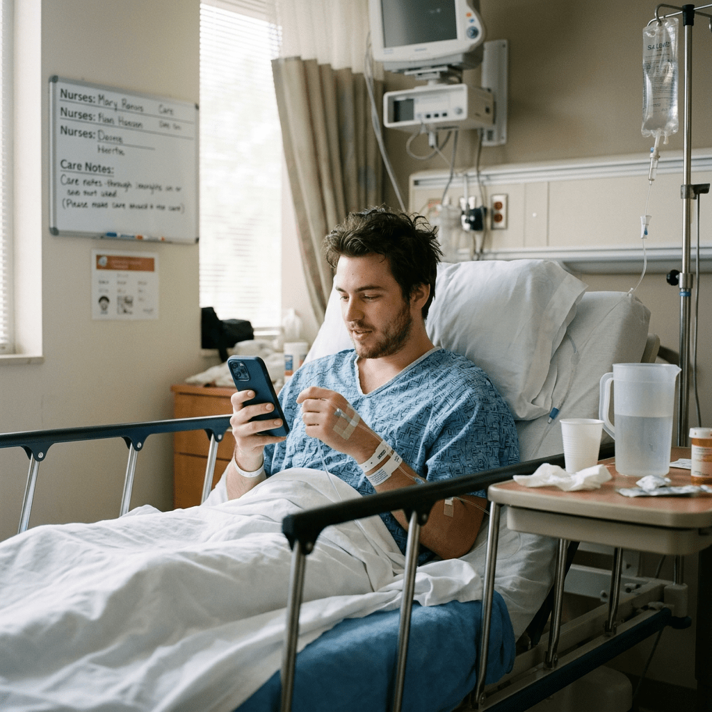 Young male patient in hospital bed using smartphone with IV drip nearby