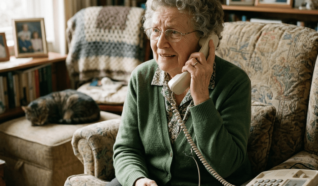 Elderly woman on phone looking worried with note saying scammer call nearby