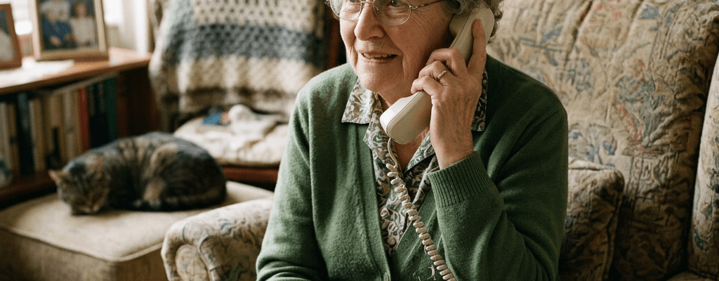 Elderly woman on phone looking worried with note saying scammer call nearby