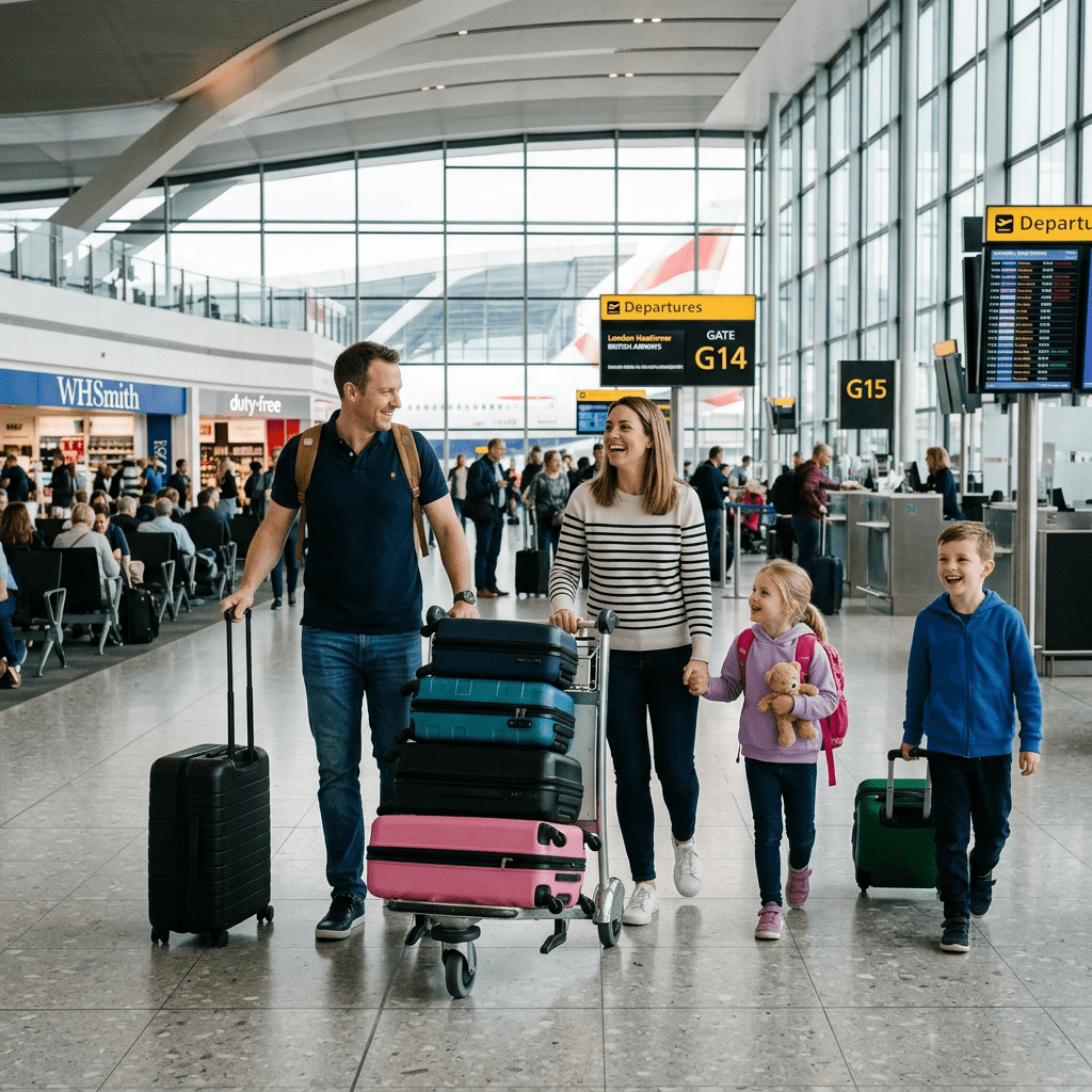 Family of four walking in airport terminal with luggage trolleys