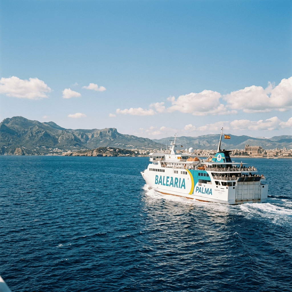 Balearia ferry sailing on the sea near Palma with mountains and coastline visible