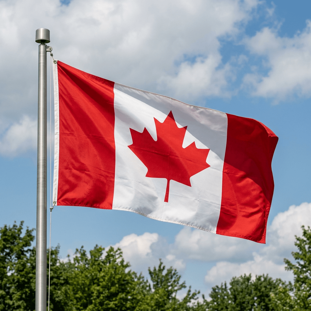 Canadian flag with a red maple leaf flying on a flagpole outdoors