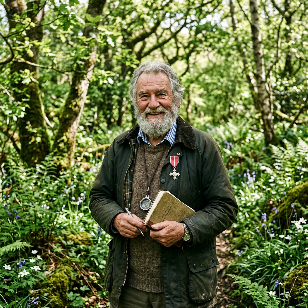 Elderly man with gray beard holding notebook and pen in a green forest