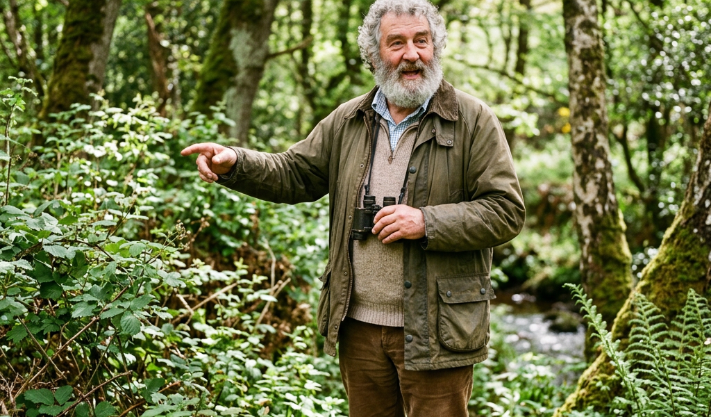 Elderly man holding binoculars and pointing in a dense green forest