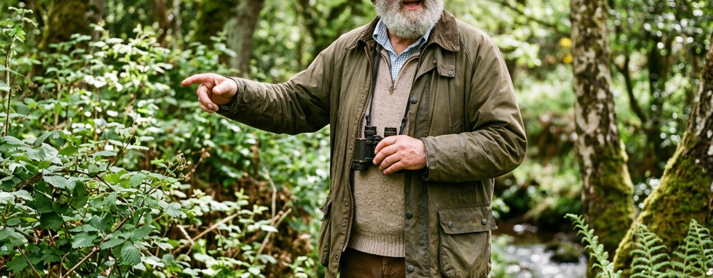 Elderly man holding binoculars and pointing in a dense green forest