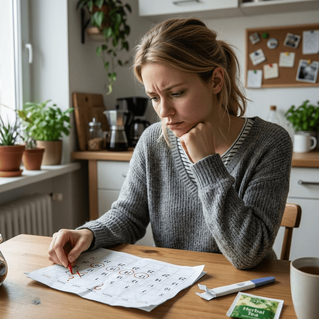 Woman marking dates on a menstrual cycle calendar with a pregnancy test and herbal tea nearby